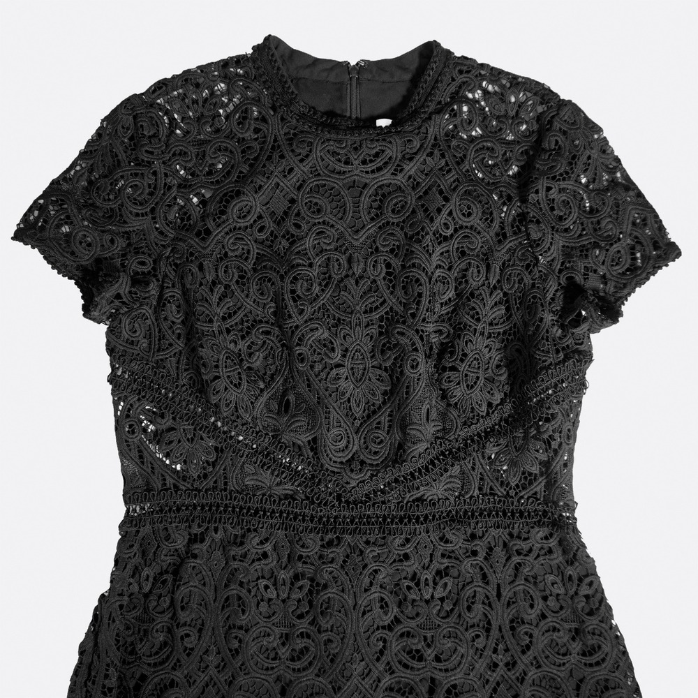 Monique Lhuillier Lace Midi Dress Black Guipure Short Sleeve M L 0X Designer - Picture 4 of 8